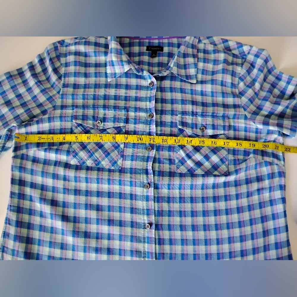 Talbots 100% Cotton Plaid Button Up Shirt Blue Purple Colorful Classic Sz Large - Picture 13 of 15